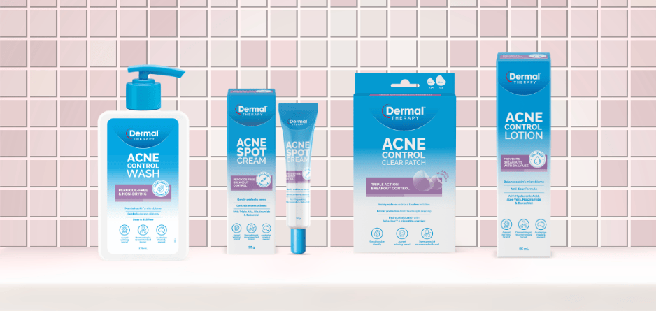 Dermal Therapy Acne Control skincare products including wash, spot cream, clear acne patch, and lotion displayed against a tiled background.