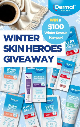 Dermal Therapy products arranged on a blue background with winter graphics and giveaway text