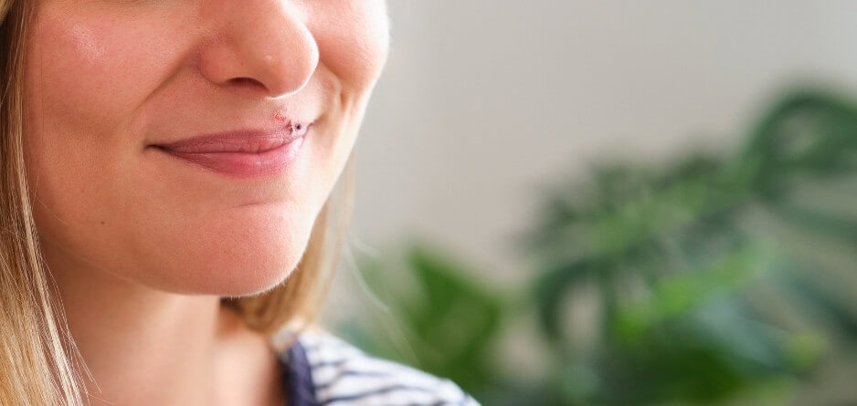 A girl smiling with a cold sore on her lip - wondering what the best cold sore treatment is?