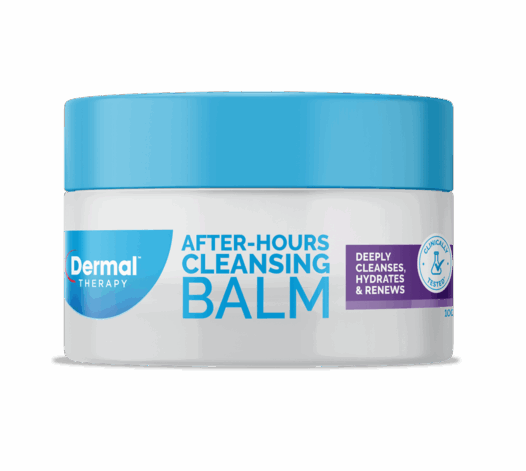 Front view of Dermal Therapy After-Hours Cleansing Balm 100g jar with blue lid and white packaging