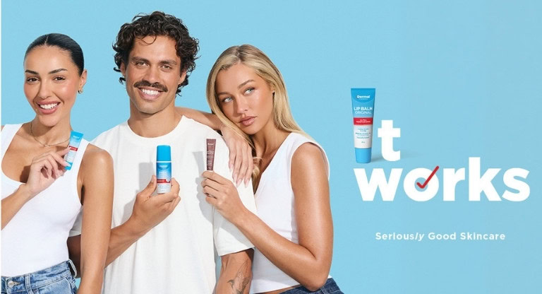 Three people holding Dermal Therapy products beside the It Works campaign graphic featuring a Lip Balm Original pack as the letter I on a blue background
