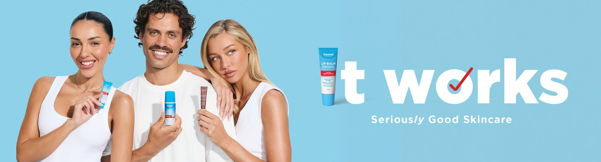 Three people holding Dermal Therapy products beside the It Works campaign graphic featuring a Lip Balm Original pack as the letter I on a blue background