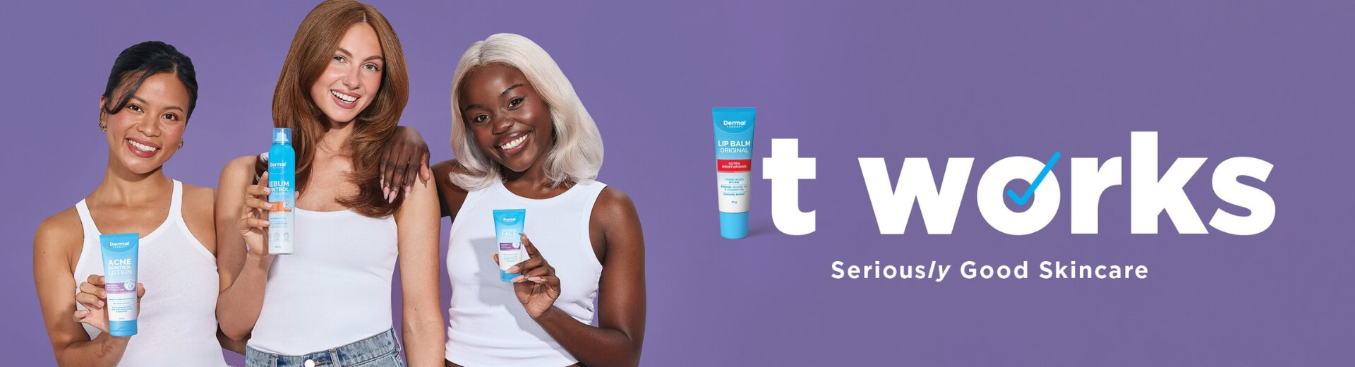 Three people holding Dermal Therapy products beside the It Works campaign graphic featuring a Lip Balm Original pack as the letter I on a purple background