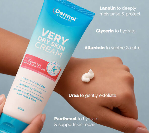Dermal Therapy Very Dry Skin Cream tube beside a hand with a small amount of cream, with ingredient names displayed around the image