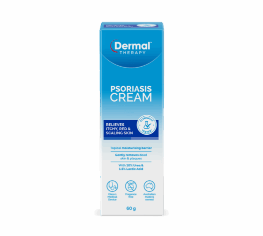Front view of Dermal Therapy Psoriasis Cream 60g box packaging on a white background