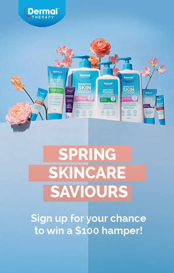 Dermal Therapy skincare products displayed with flowers and Spring Skincare Saviours giveaway message on a blue background