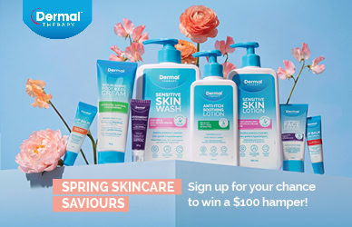 Dermal Therapy skincare product range with flowers and Spring Skincare Saviours giveaway offer on a blue background