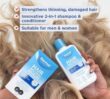 Dermal Therapy Hair Restoring Serum box and Hair Restoring Shampoo & Conditioner bottle held above a background of light-coloured hair