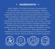 Ingredients list displayed on a blue background with four circular icons representing clinical testing, award-winning brand, dermatologist recommended brand and Australian made