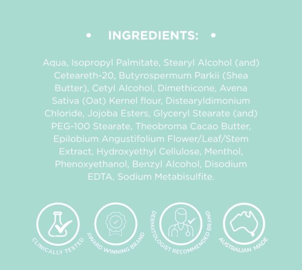 Ingredients list for Dermal Therapy Anti-Itch Soothing Cream displayed on a light green background with certification and Australian Made icons.