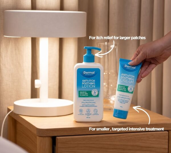 Dermal Therapy Anti-Itch Soothing Lotion bottle and Anti-Itch Soothing Cream tube displayed on a bedside table with text indicating different usage areas.
