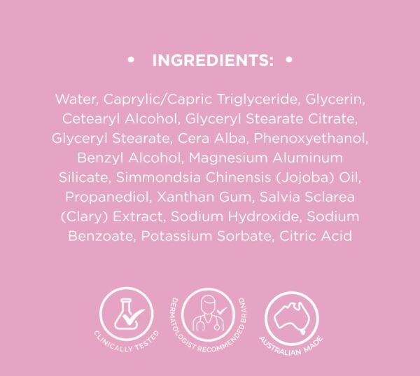 Ingredients list for Dermal Therapy Sensitive Skin Lotion displayed on a pink background with product certification icons.