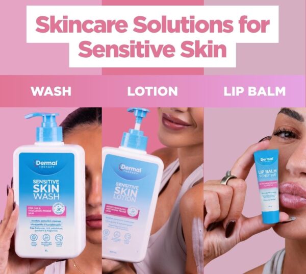 Dermal Therapy Sensitive Skin Wash, Sensitive Skin Lotion and Sensitive Lip Balm displayed in separate panels with product packaging held by models.
