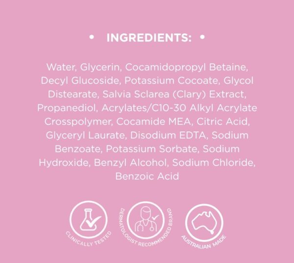 Ingredients list for Dermal Therapy Sensitive Skin Wash displayed on a pink background with Clinically Tested, Dermatologist Recommended Brand and Australian Made icons.