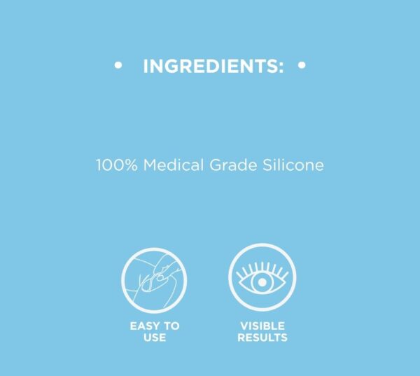 Ingredients information for Dermal Therapy Silicone Scar Patch displayed on a blue background with feature icons.