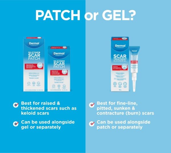 Dermal Therapy Silicone Scar Patch and Scar Treatment Silicone Gel packaging displayed side by side with visible comparison text.